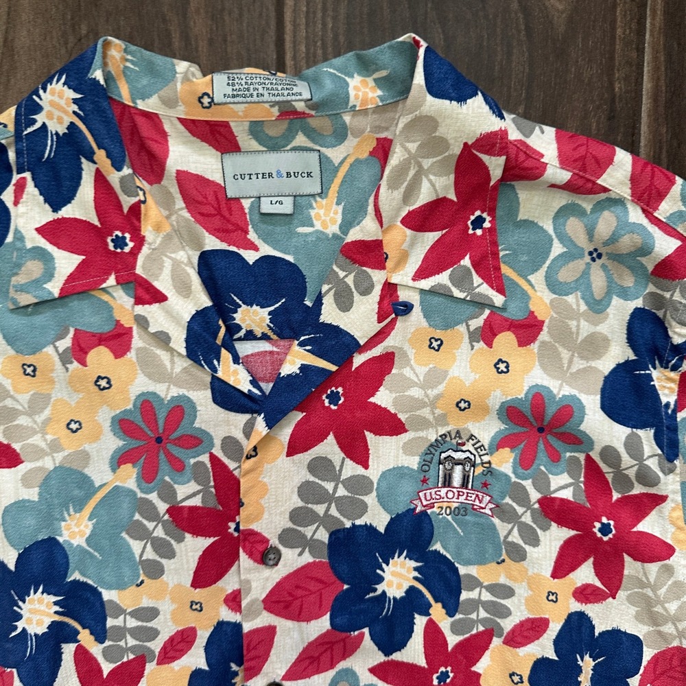 Cutter & Buck Mens 2003 US Open Olympia Fields Floral Hawaiian Shirt Large